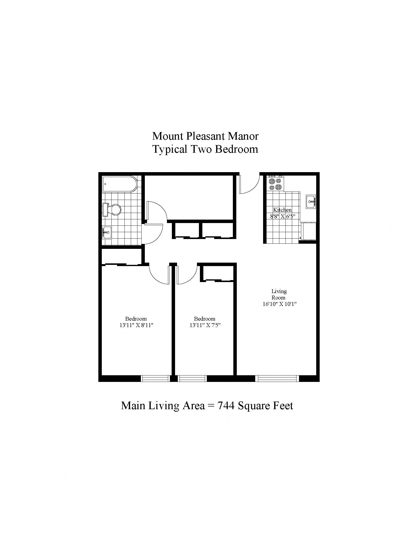 Floor plan for 2 beds, 1 bath, 744 sqft